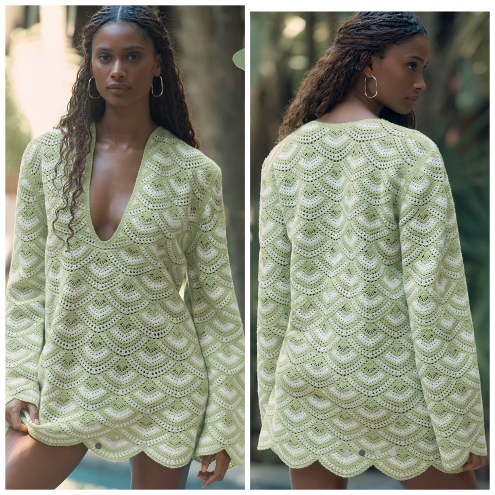 Anthropologie Celandine‎ Crochet Long Sleeve Mini Kaftan Green White M & L Dress